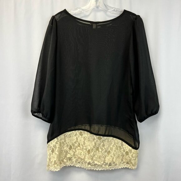 Lily White Womens Blouse Black 3/4 Sleeve Scoop Neck Sheer Lace USA M - Picture 4 of 10